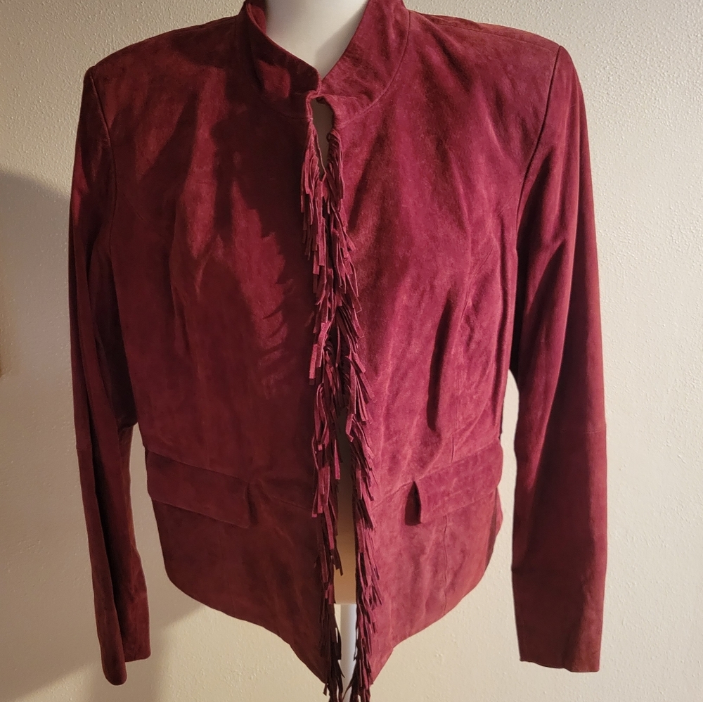 Pamela McCoy Maroon Fringe Front Suede/Leather Jacket LGR